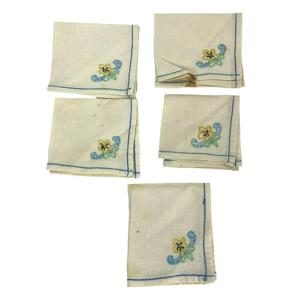 Vintage Linen Cocktail Luncheon Napkins White Embroidered